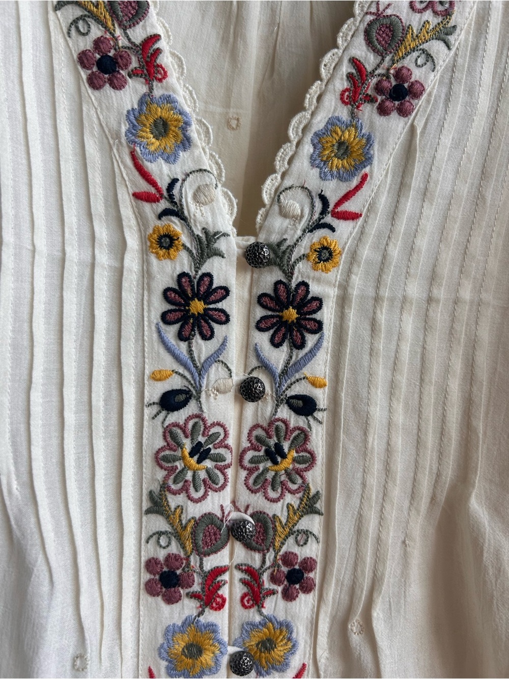 Embroidered V-Neck Balloon Sleeve Top - White with Multicolor Floral Trim - Picture 5 of 8